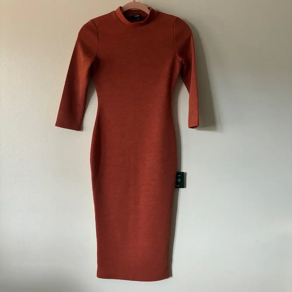 Lulus NWT Womens Small Rust Orange Sweater Knit Bodycon Dress Mock Neck Stretch - Picture 1 of 11